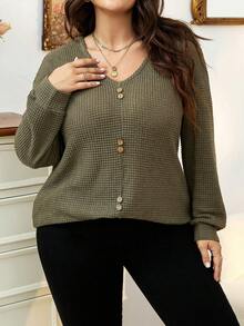 Calvaya Plus Button Front Drop Shoulder Tee - Army Green - View 5