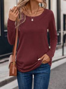 SHEIN LUNE 素色插肩袖側收褶T恤 - 酒紅色 - 查看 4