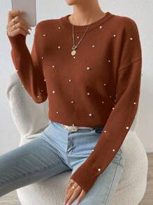 SHEIN Frenchy Pearls Beaded Drop Shoulder Sweater - Coffee Brown - View 1
