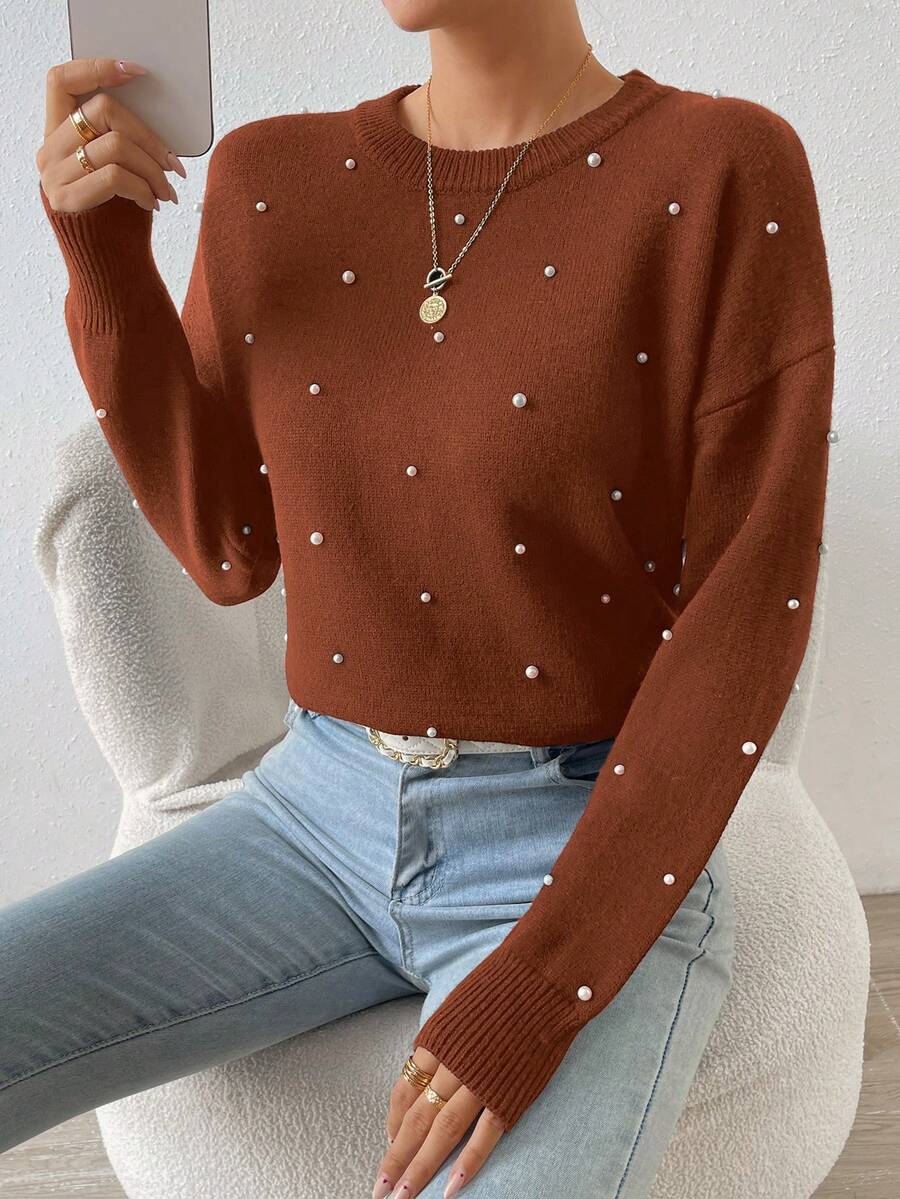 SHEIN Frenchy Pearls Beaded Drop Shoulder Sweater - Coffee Brown - View 1
