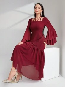 Modelyn Burgundy Red Tie Back Long Flare Sleeve Ruffle Hem Modest Dress Long Evening Dresses - Burgundy - View 6