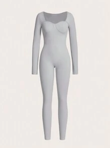 Lifespree 素色雞心領口運動彈力緊身連體褲 - 灰色 - 查看 8