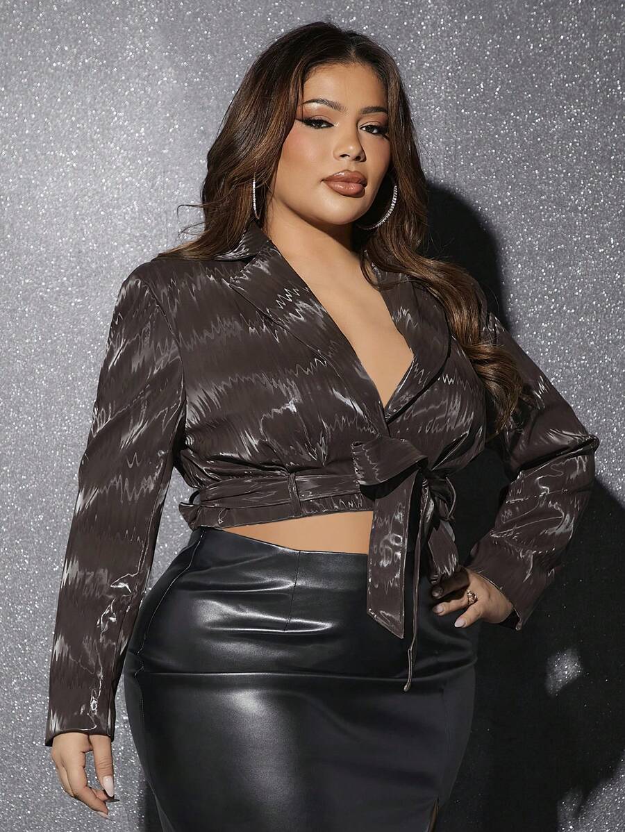 SHEIN SXY Plus Lapel Neck Crop Belted Blazer - Brown - View 1
