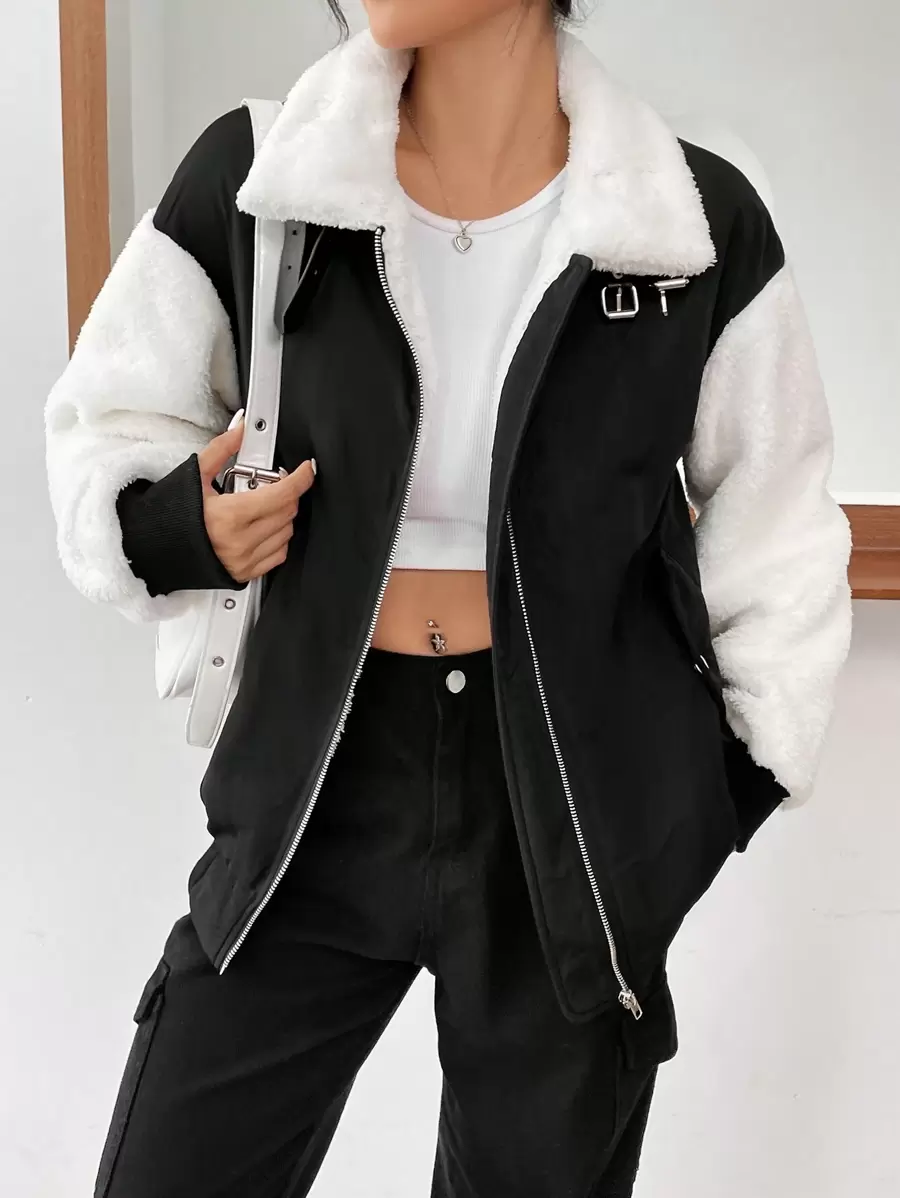 SHEIN EZwear Khối màu Tương phản Teddy Thả vai Áo khoác - Đen và trắng - Xem 1