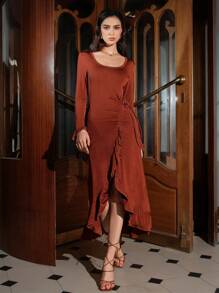 Zolique 女式性感圓領荷葉邊下擺連身裙 - 亮橙色 - 查看 4