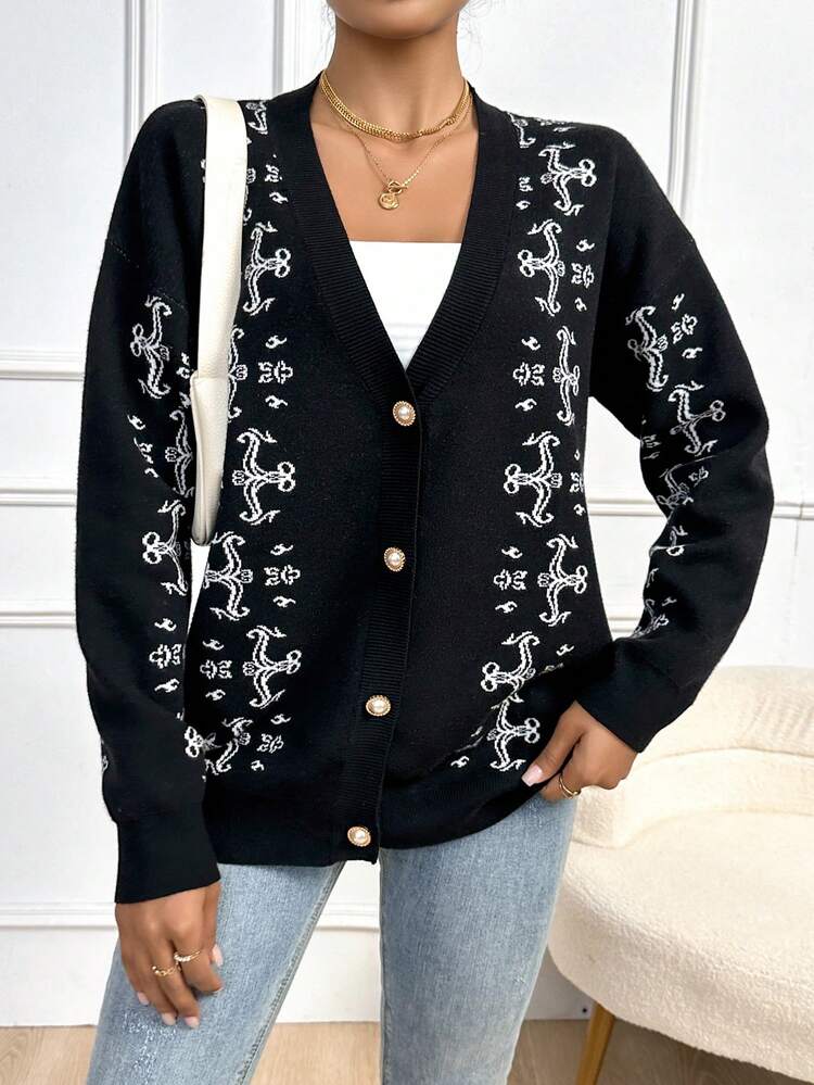 Graphic Pattern Drop Shoulder Cardigan Fall Cloth For Women