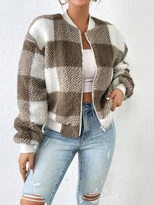 SHEIN Frenchy Họa tiết kẻ sọc trâu Thả vai Teddy Áo khoác bomber - Nhiều màu - Xem 3