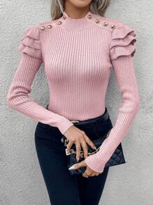 EMERY ROSE Maglione a collo alto con dettagli a bottoni, orlo arricciato, lavorazione a costine, per autunno e inverno - Rosa - Visualizzare 5
