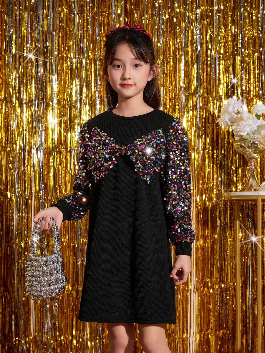 SHEIN 女大童亮片拼接前蝴蝶結洋裝 - 彩色 - 查看 1