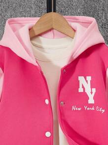 SHEIN Tween Girl Letter Graphic Two Tone Hooded Jacket & Sweatpants Without Tee - Hot Pink - View 3