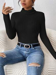 SHEIN PETITE Turtleneck Ribbed Knit Bodysuit - Black - View 6