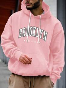 Aesthetic Post 男士字母圖案袋鼠口袋抽繩連帽衫 - 粉色 - 查看 5