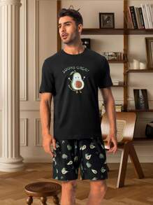 Conjunto de pijama / Pijama con gráfico de lema y dibujos animados para hombres - Negro - Ver 1