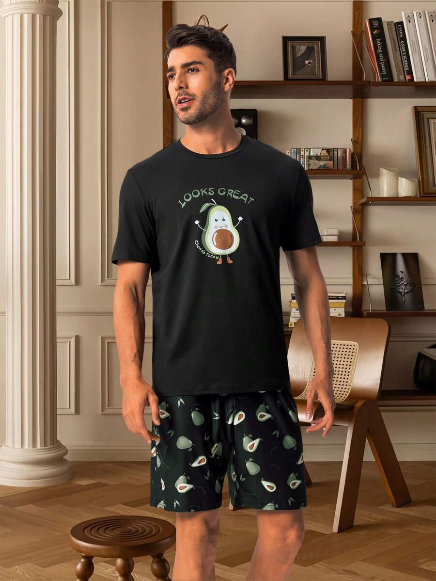 Conjunto de pijama / Pijama con gráfico de lema y dibujos animados para hombres - Negro - Ver 1