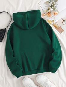 SHEIN EZwear Plus Size Letter Graphic Kangaroo Pocket Drawstring Thermal Lined Sweatshirt - Green - View 2