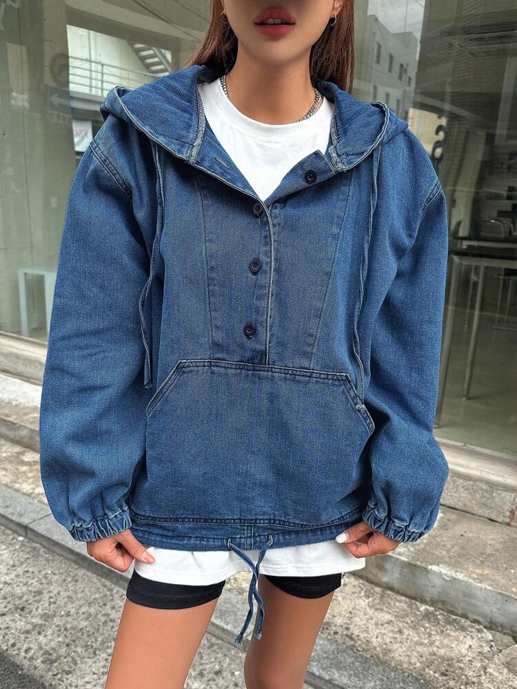 Half Button Drawstring Hem Hooded Denim Jacket,Fall Clothes,Back To School Clothes