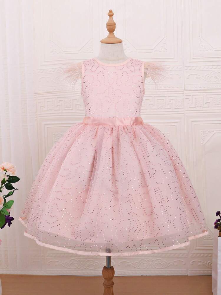 Tween Girl Fuzzy Cuff Mesh Overlay Party Dress for Christmas