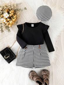 女嬰荷葉邊T恤&千鳥格印花短褲&帽