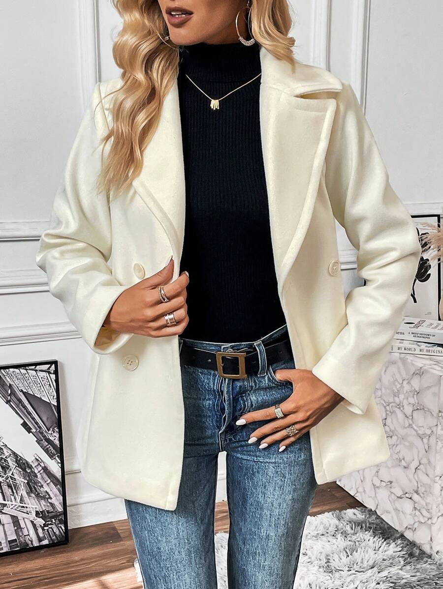 SHEIN LUNE Đôi ngực Cổ bẻ Áo khoác - Màu be - Xem 1