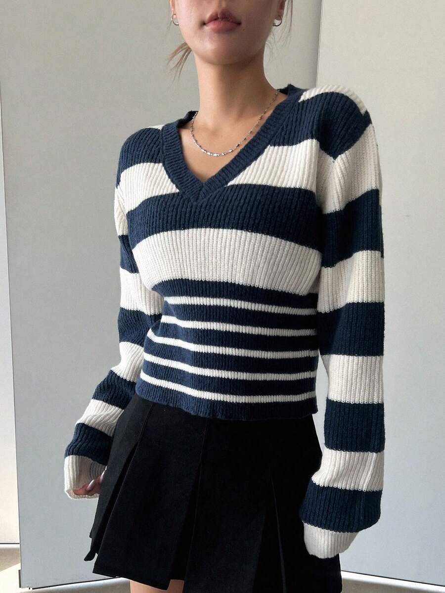 Dazy Star Women'S Striped Drop Shoulder Sweater - Navy Blue - View 1