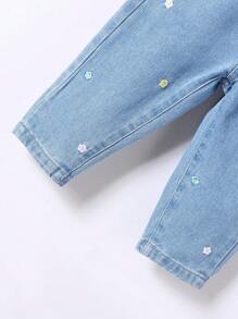 SHEIN Vacation Style Cute Casual Loose Colorful Floral Embroidered Baby Girls Blue Denim Flare Pants - Light Wash - View 5