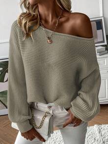 SHEIN Essnce Boat Neck Drop Shoulder Ribbed Knit Sweater - Khaki - View 5