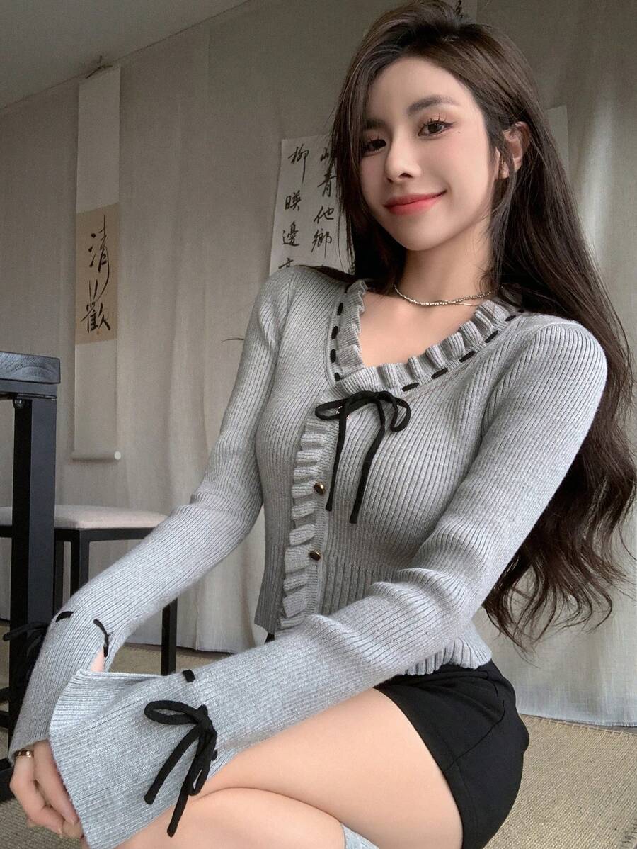 DAZY Solid Frill Trim Tie Front Crop Cardigan,Long Sleeve Tops,Fall Clothes