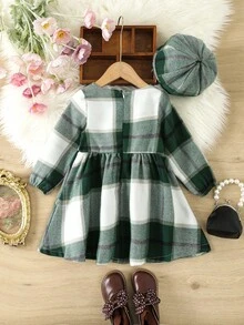 SHEIN Young Girl Plaid Print Bow Front Dress & Hat - Green - View 2