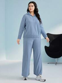 Mulvari Plus Half Zip Drop Shoulder Sweater & Knit Pants - Blue - View 5