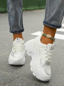 Của phụ nữ Hợp thời Chóp giầy tròn Lace-up Trắng Trường học Phong cách Giày nêm thể thao Với Dày Đế Và Kích thước lớn - trắng - Xem 3