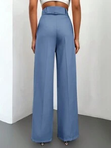 EURMUSE High Waist Belted Wide Leg Suit Pants - Blue - View 2