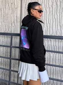 SHEIN Cottnline Plus Slogan Graphic Drop Shoulder Hoodie - Black - View 3