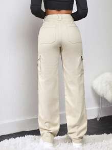 SHEIN SXY Quần jean Nút màu trơn - Màu be - Xem 3