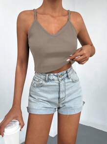 素色條紋針織吊帶短上衣 - 駝色 - 查看 1