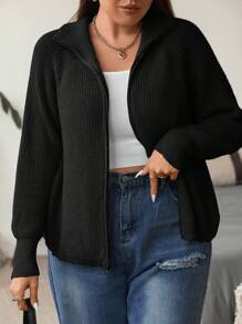 Flirla Plus Raglan Sleeve Zip Up Cardigan - Black - View 3