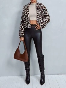 SHEIN Cottnline Leopard Print Short Jacket With Lapel Collar - Multicolor - View 3
