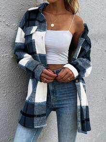 SHEIN LUNE In kẻ sọc Thả vai Túi có nắp Áo khoác - Màu xanh lam - Xem 5