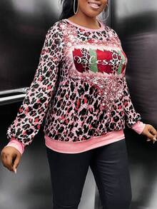 Maweii Plus Leopard Print Letter Graphic Drop Shoulder Sweatshirt - Pink - View 5