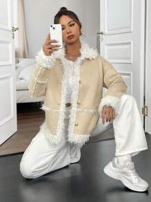 SHEIN Unity 仿麂皮落肩袖毛絨內襯外套 - 彩色 - 查看 3