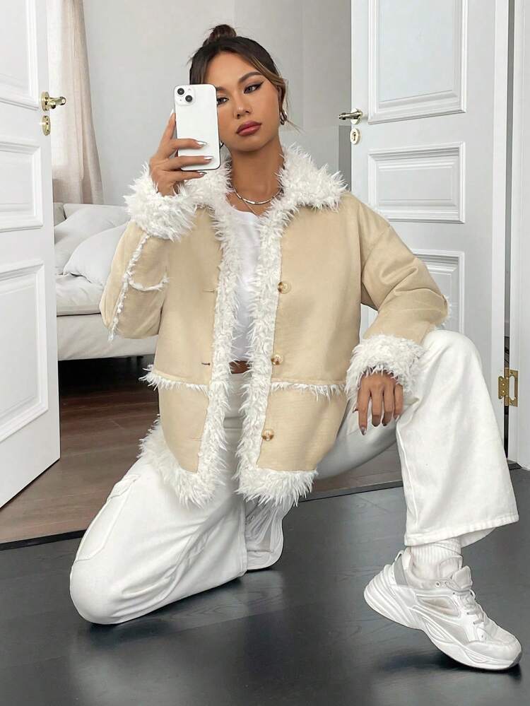 SHEIN Unity 仿麂皮落肩袖毛絨內襯外套 - 彩色 - 查看 3