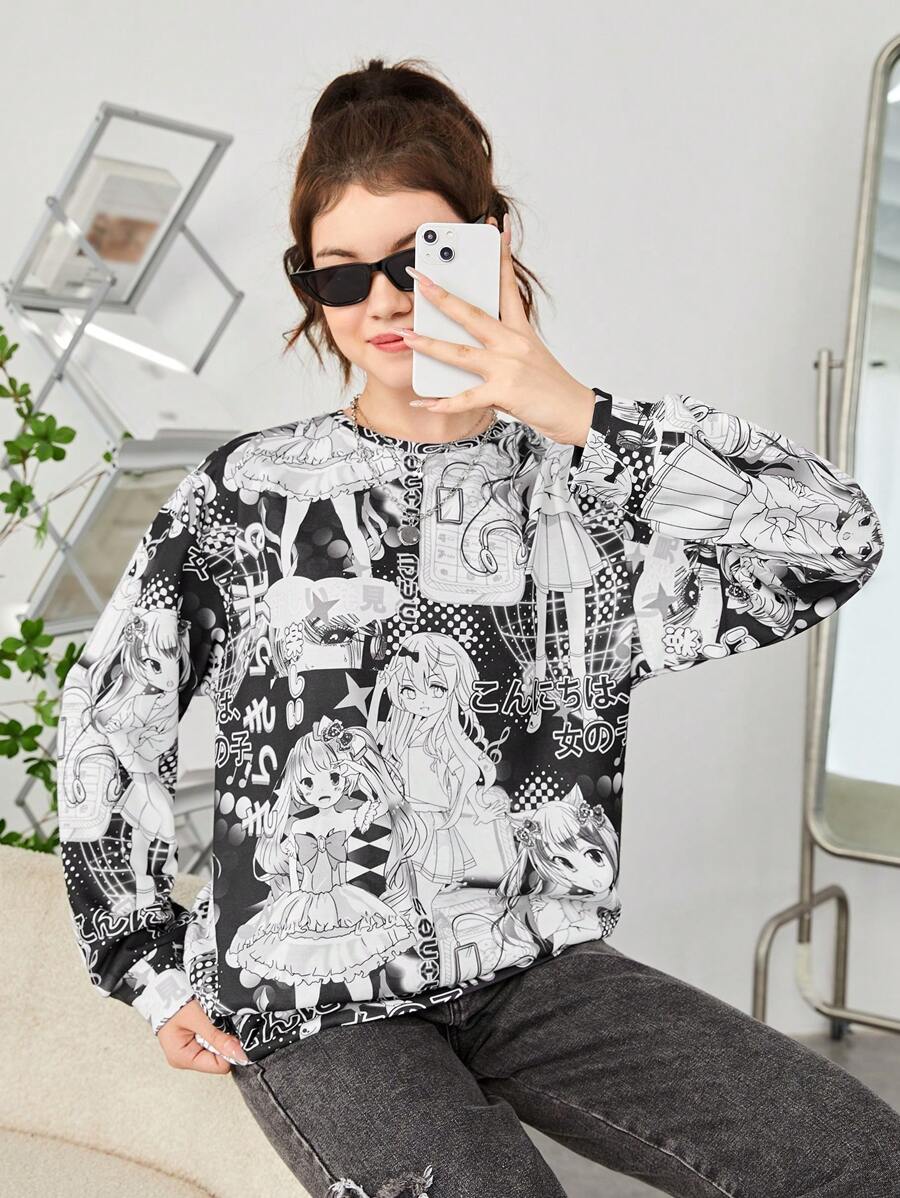 青少年女孩人像&日文圖案印花落肩袖運動衫 - 黑與白 - 查看 1