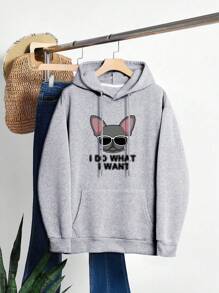 SHEIN EZwear 狗狗和標語圖案袋鼠口袋抽繩加絨內裏連帽衫 - 灰色 - 查看 1