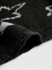 ROMWE Grunge Punk Star Pattern Foldover Off Shoulder Trumpet Sleeve Ripped Trim Sweater - Black - View 3