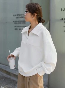Dazy Star Quarter Zipper Drop Shoulder Sweatshirt - White - View 5