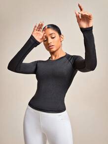 SHEIN Yoga Basic 純色網眼插入運動套衫基本t恤,短袖到肩袖設計 - 深灰色 - 查看 6