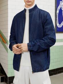 Manfinity Homme Men's Solid Color Half-high Collar Zipper Denim Jacket - Blue - View 6