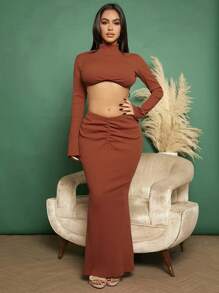 SHEIN SXY Mock Neck Crop Top & Ruched Front Skirt - Rust Brown - View 6
