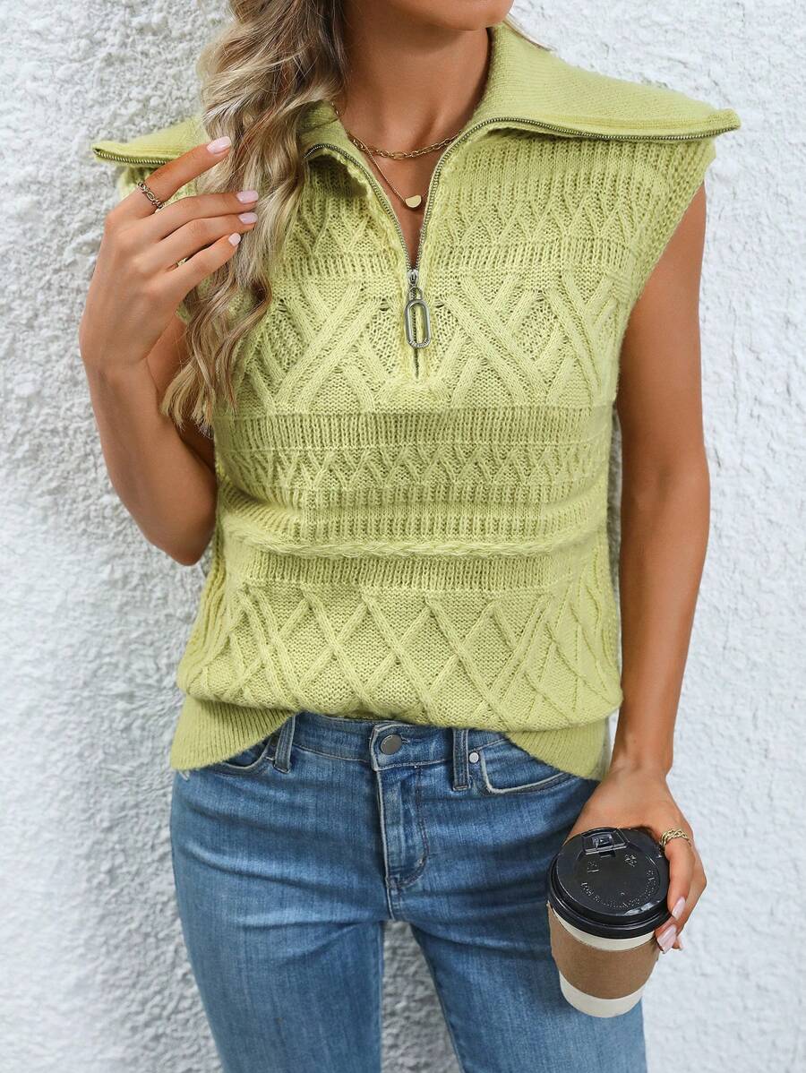 SHEIN LUNE Solid Half Zip Sweater Vest - Green - View 1