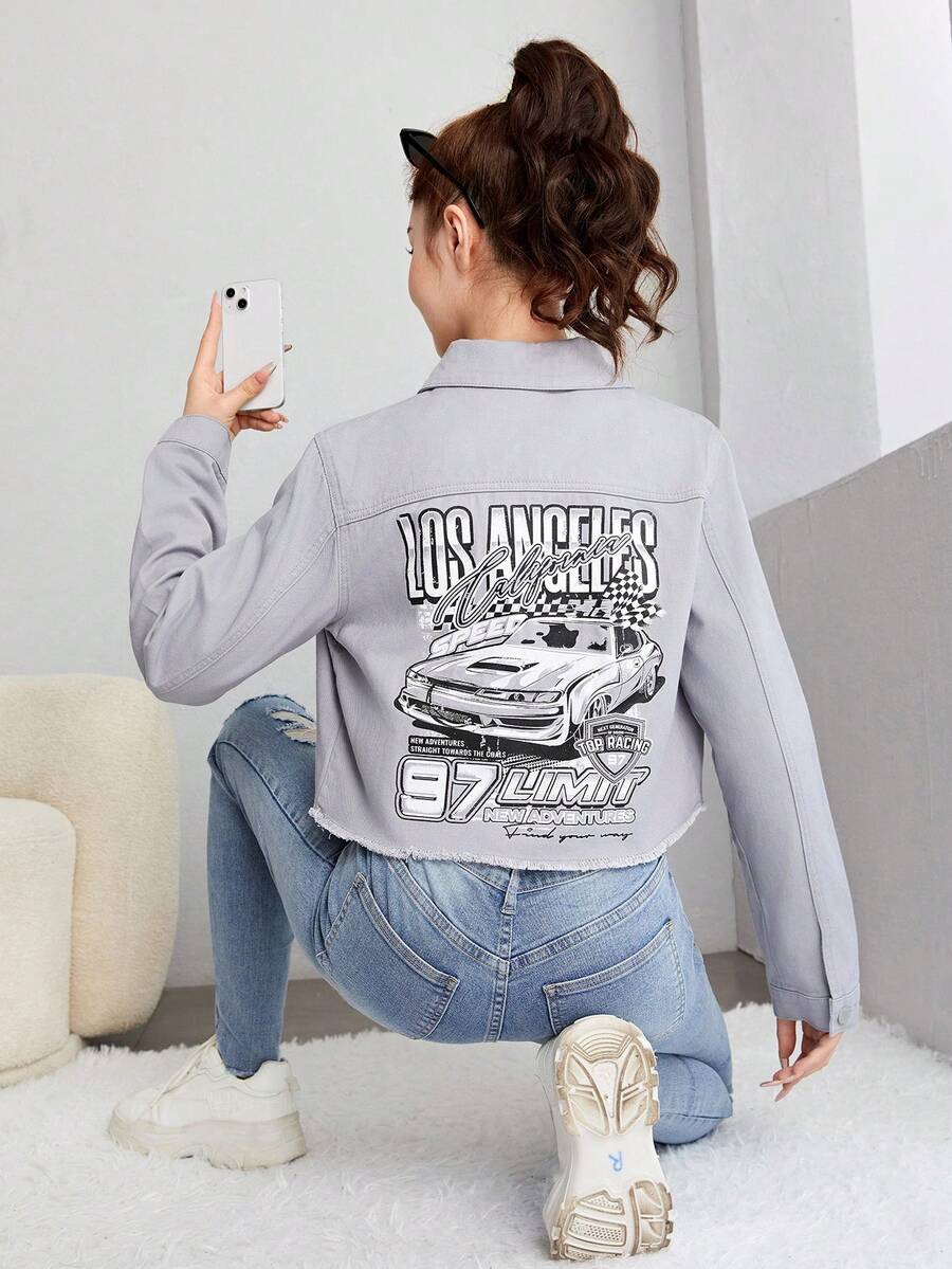 SHEIN 青少年女孩字母和車圖案牛仔夾克 - 灰色 - 查看 1