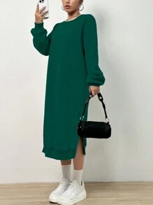SHEIN Unity Drop Shoulder Split Hem Sweatshirt Dress Pullover Fall Outfit - Dark Green - View 5